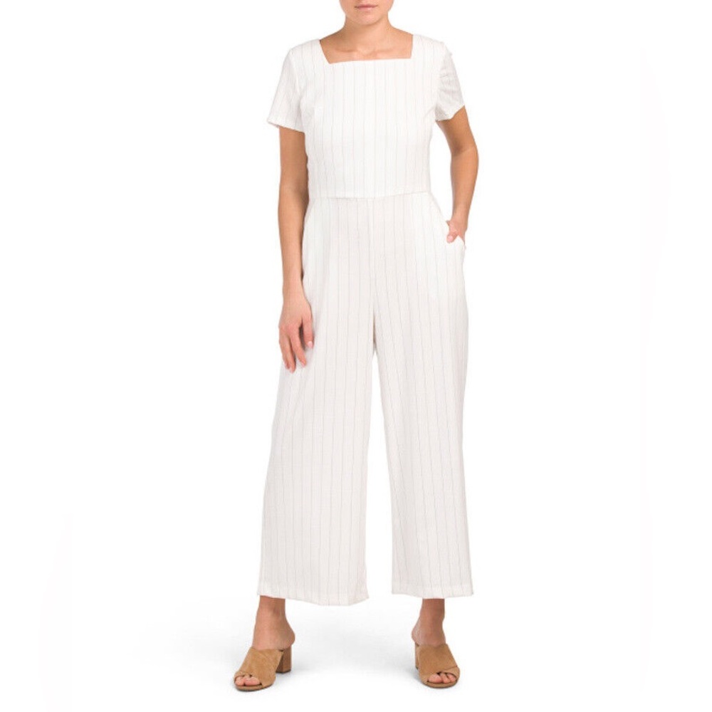 Belle Vere White Gaucho Leg Black Pinstripe Open Back Jumpsuit